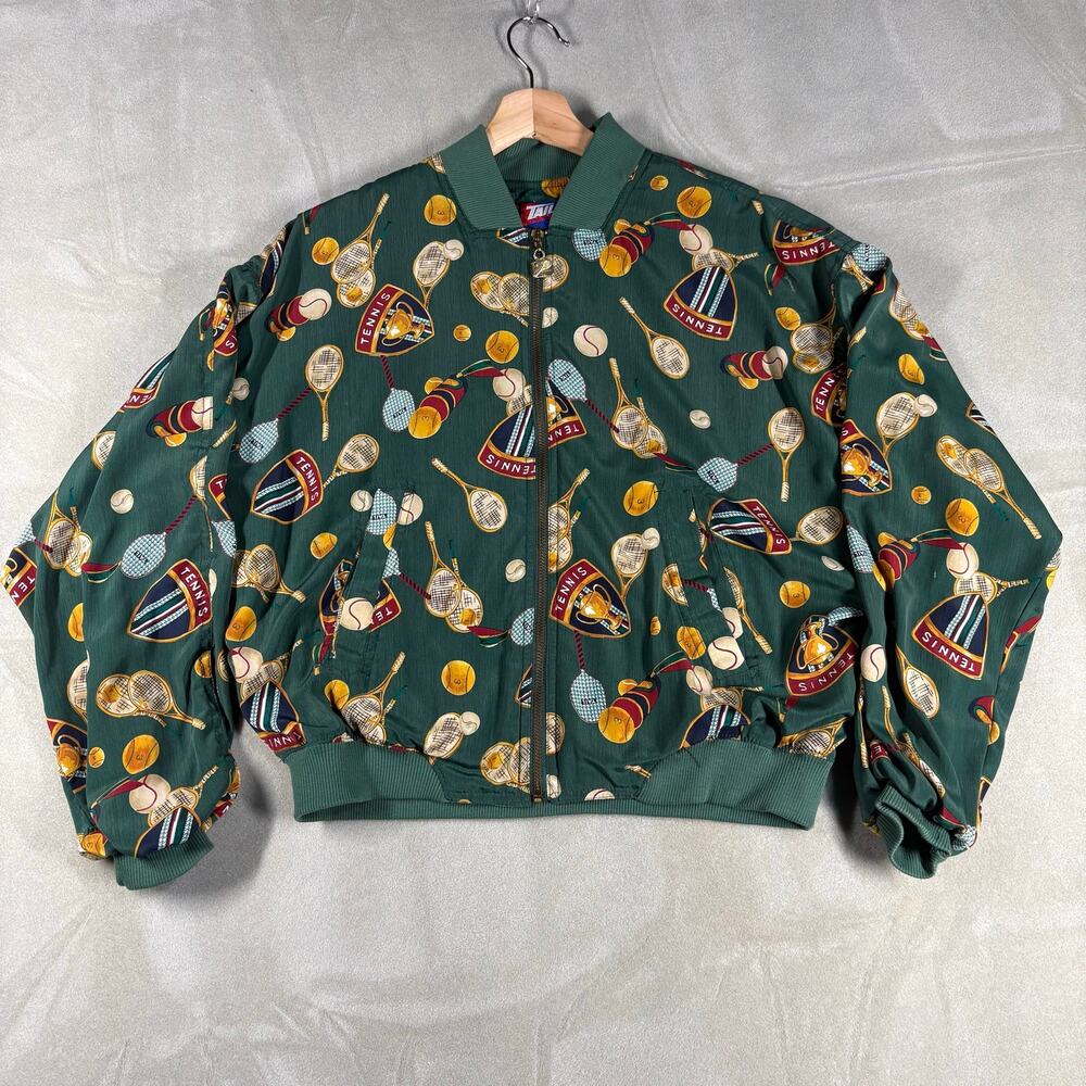 Vintage Tail Tennis Jacket Cropped Green All Over Print Windbreaker Women Small